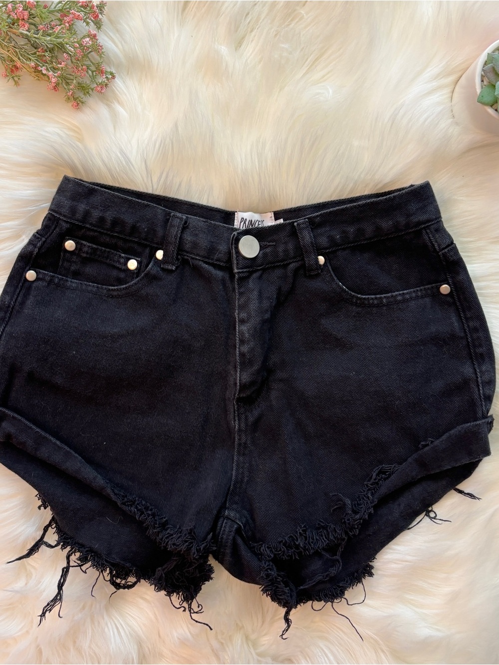 Princess Polly Black Raw Hem Denim Shorts
